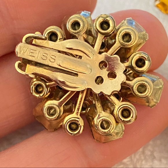 🌹WEISS Citrine or Topaz Colored Rhinestone Starburst Earrings & Brooch Set - Picture 5 of 12